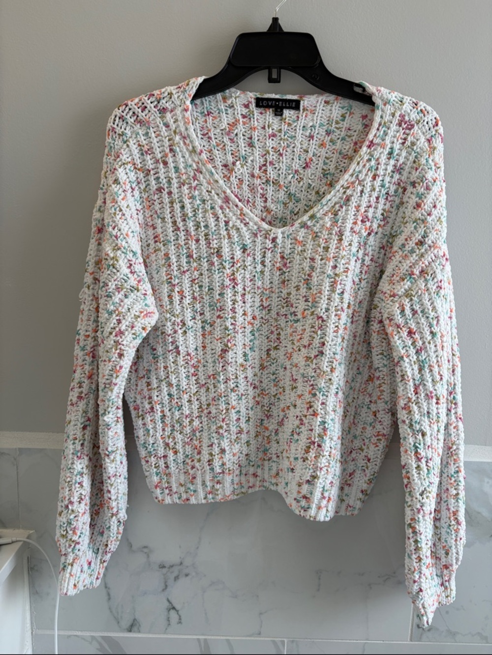 White Multicolor Speckled V-Neck Sweater